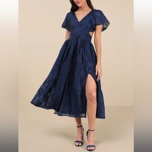 Lulus Hilly Navy Floral Jacquard Dress